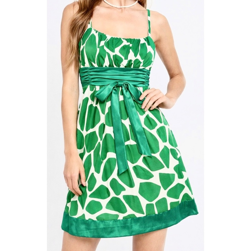 Jodi Kristopher Mini Dress Women S Green Giraffe Print Satin Sash Y2K